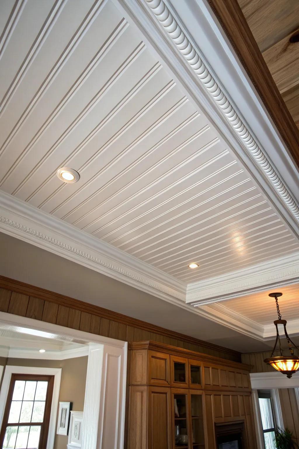 Elevate your basement with the enduring charm of a grooved paneling ceiling.