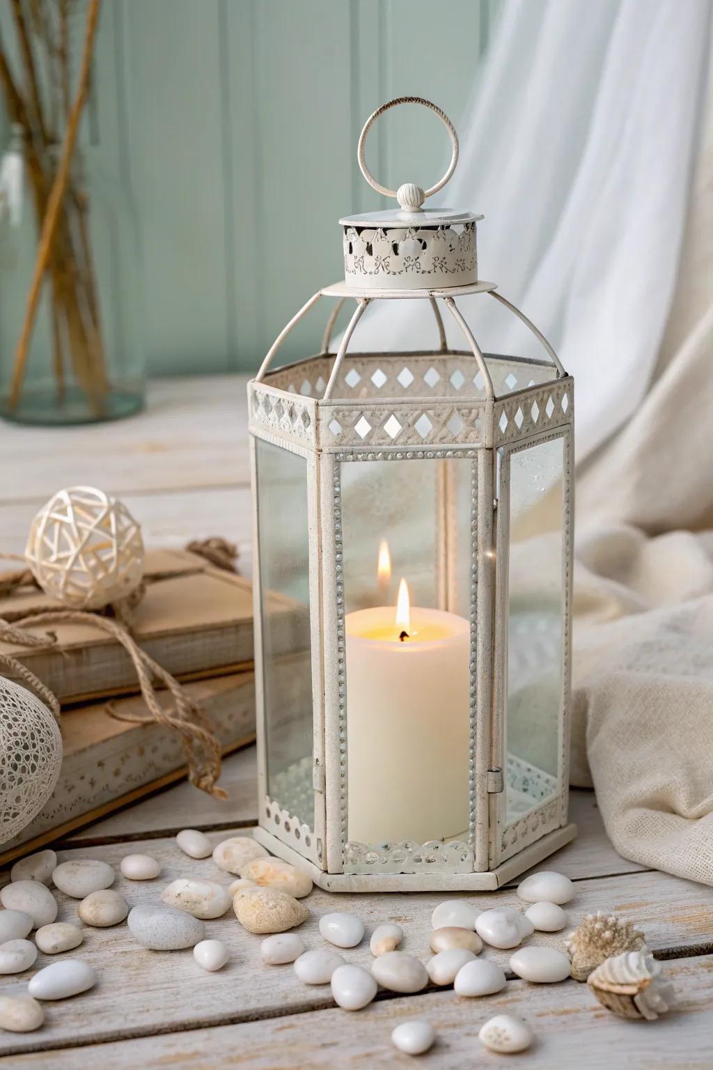 Cherish the tranquil luminance of a shoreside dusk through this minimalist crystalline lantern aesthetic.