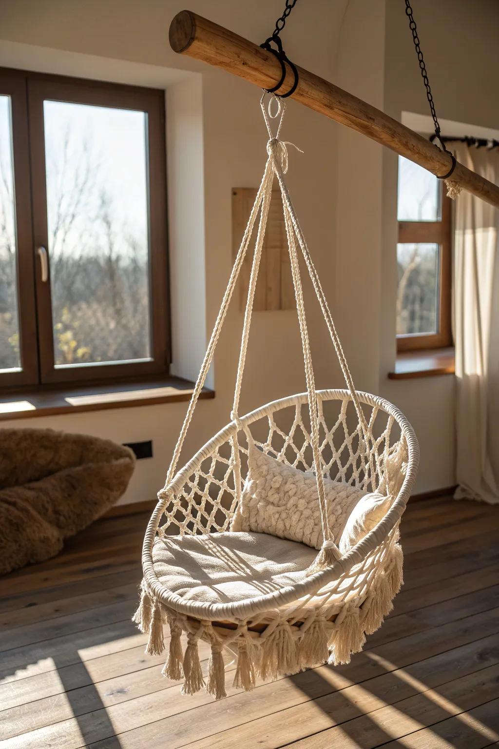 Enrich your atmosphere with the artisanal grace of a macrame hanging chair, a fusion of skill and comfort.