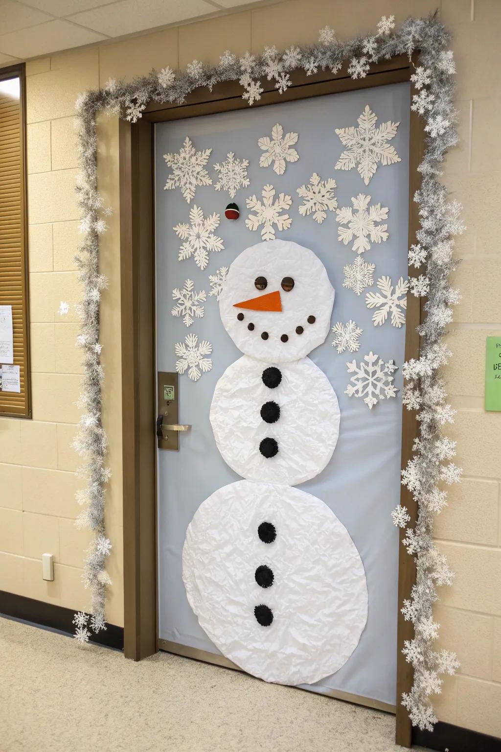 Turn your classroom door into a snowy spectacle with this charming snowman design — a perfect fusion of minimalism and holiday allure!