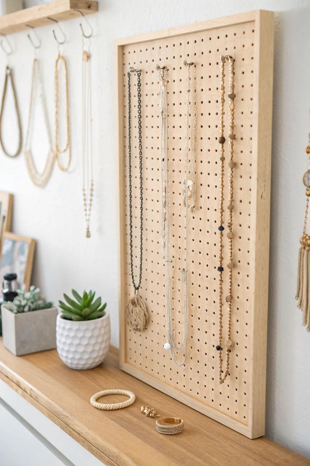 Transform your closet into a chic jewelry boutique with a minimalist hanger panel display. #DIYDecor #ScandinavianStyle