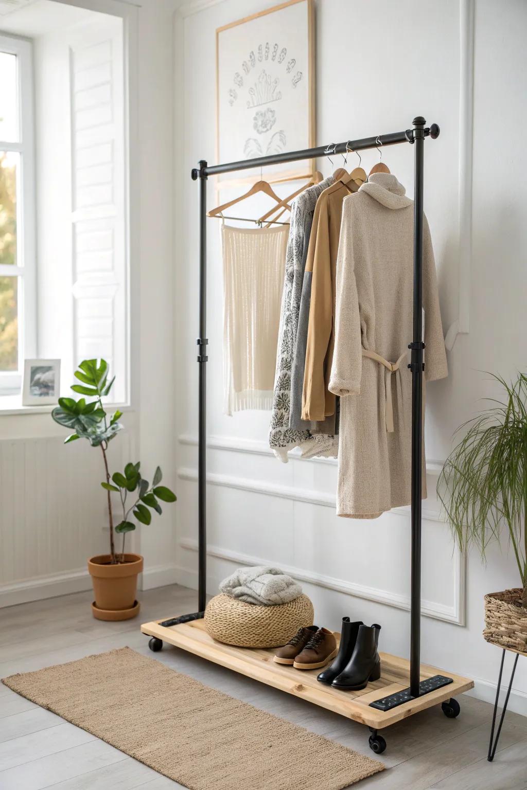 Elevate your abode with a chic mechanized tube and lumber garment stand—a confluence of metropolitan allure and uncluttered grace.