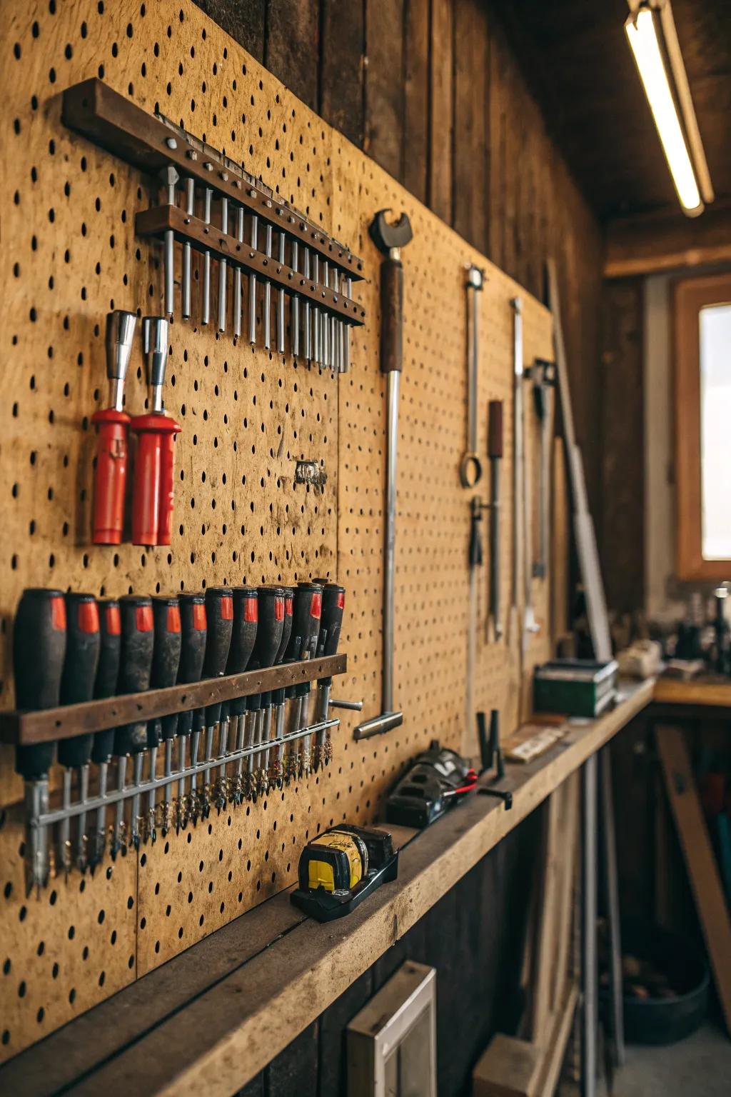 Transform your garage into a structured retreat with a tastefully arranged pegboard setup.