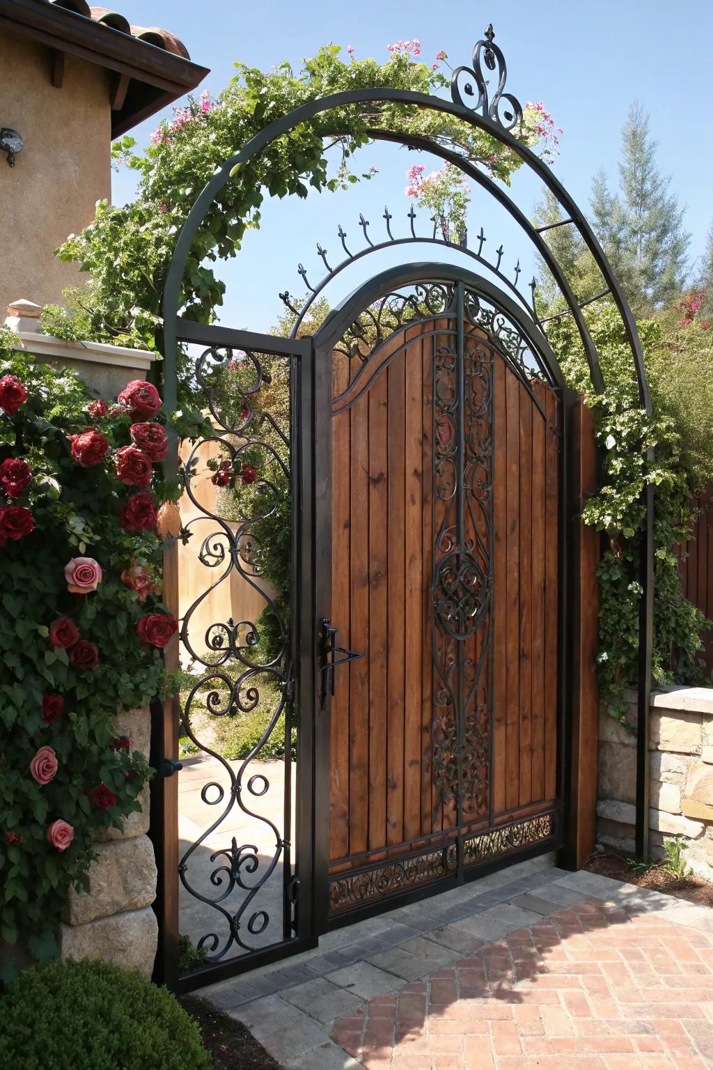 Elegance embraces artistry: a breathtaking metallic and timber arched gate for your garden retreat.