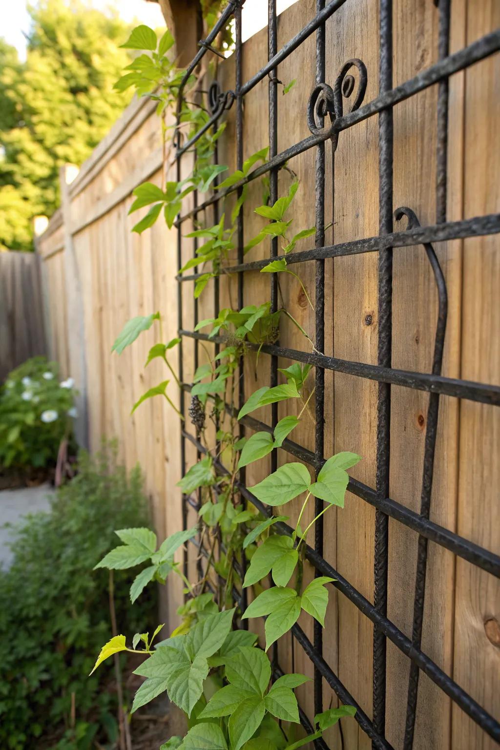 Enhance your garden's sophistication with this handmade metal mesh trellis. Perfect for spotlighting nature's artistry.