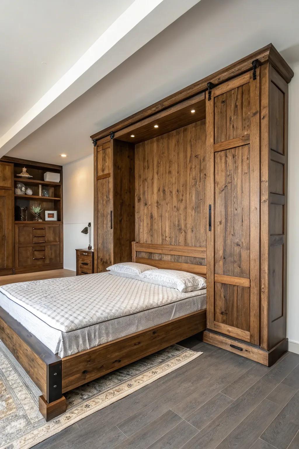 Revamp your area with the timeless elegance of a country-style timber Murphy bed.