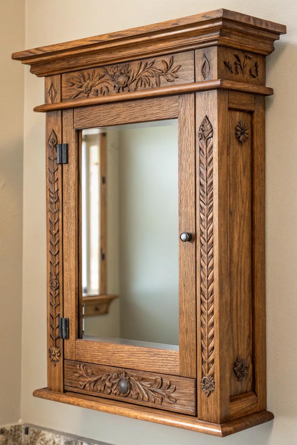 Revamp your space with a country-style wooden mirror frame that infuses charm and sophistication into your old medicine cabinet.
