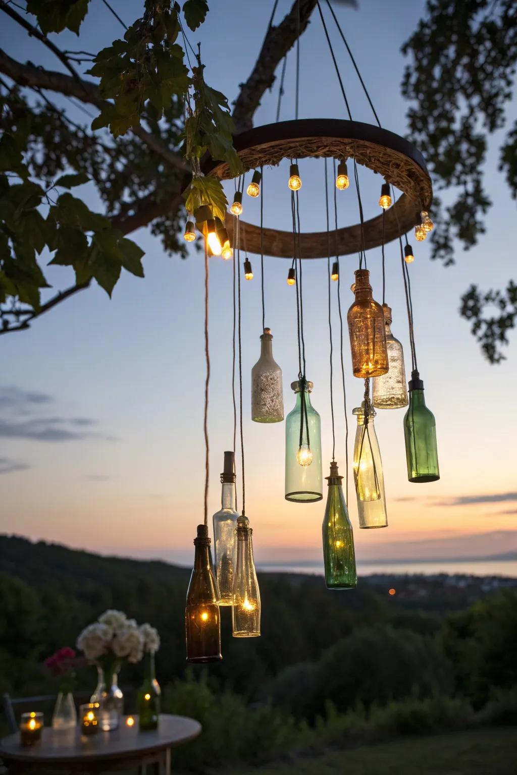 Light up your outdoor area with eco-friendly beauty: Reused flask chandelier enchantment!