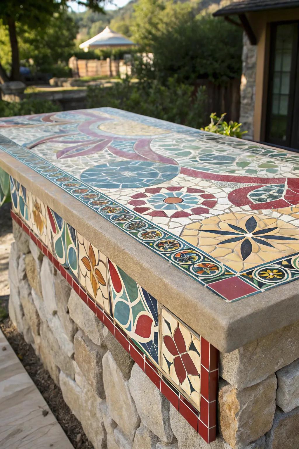 Transform your patio using a captivating tile mosaic countertop, an artwork of skill and hue.