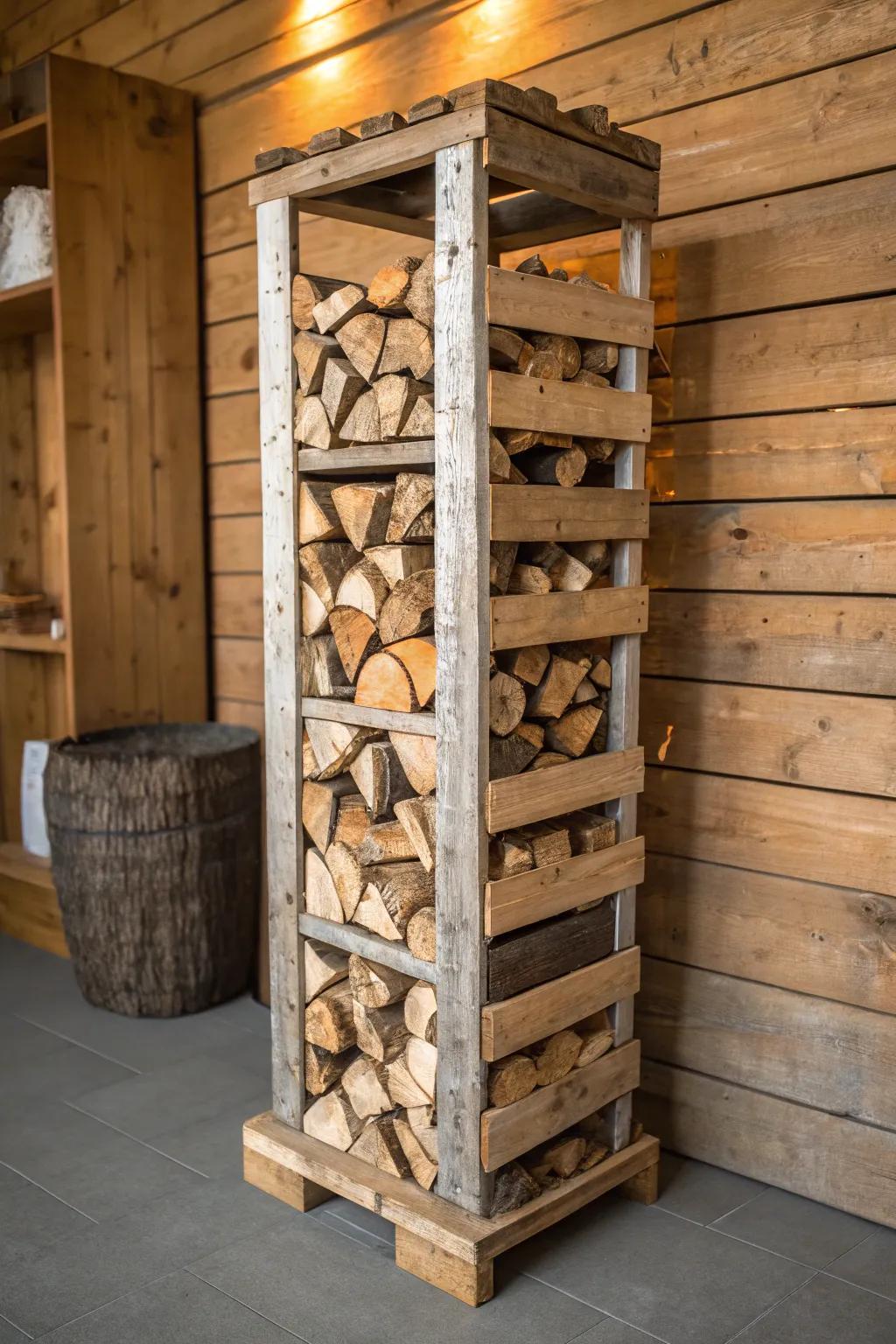 Maximize your space with this stylish vertical pallet firewood rack—where functionality meets craftsmanship.
