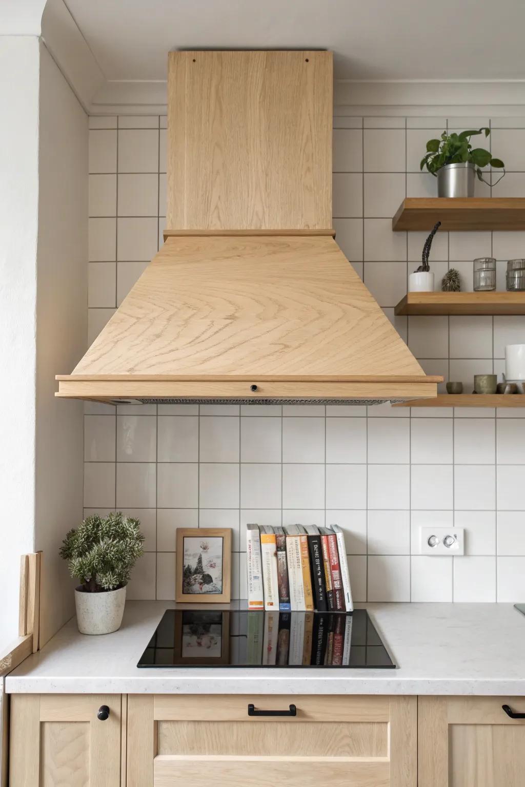 Enhance your kitchen with Scandinavian charm—discover the allure of a DIY range hood cover featuring a concealed shelf.