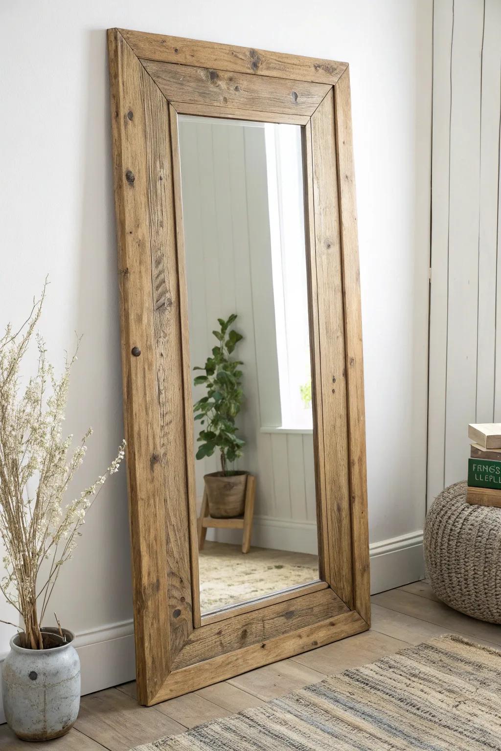 Redefine your space with the ageless grace of a reclaimed timber mirror frame, a fusion of history and understated elegance.