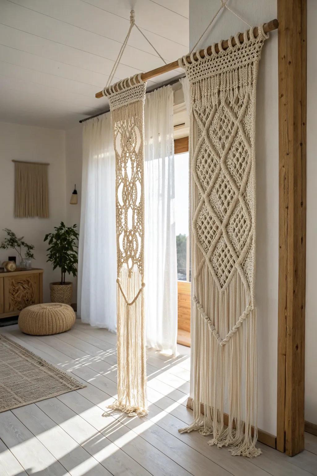 Embrace the beauty of simplicity with a striking macramé room divider, introducing a hint of bohemian grace to your minimalist ambiance.