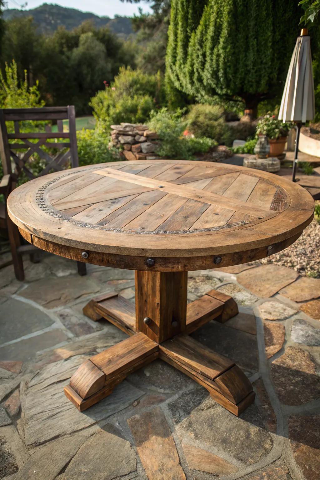 Elevate your outdoor setting with a DIY circular patio table fashioned from timber from an aged barn—a convergence of heritage and artistry.