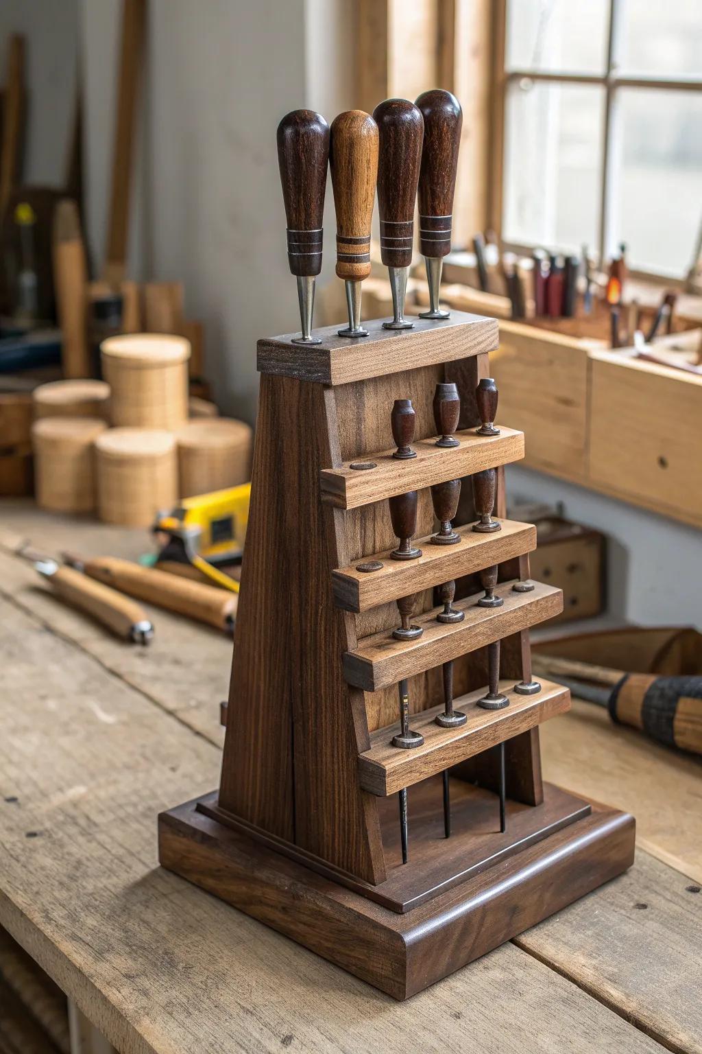 Elevate your workspace with this handcrafted multi-level screwdriver depot—where utility meets artistry.