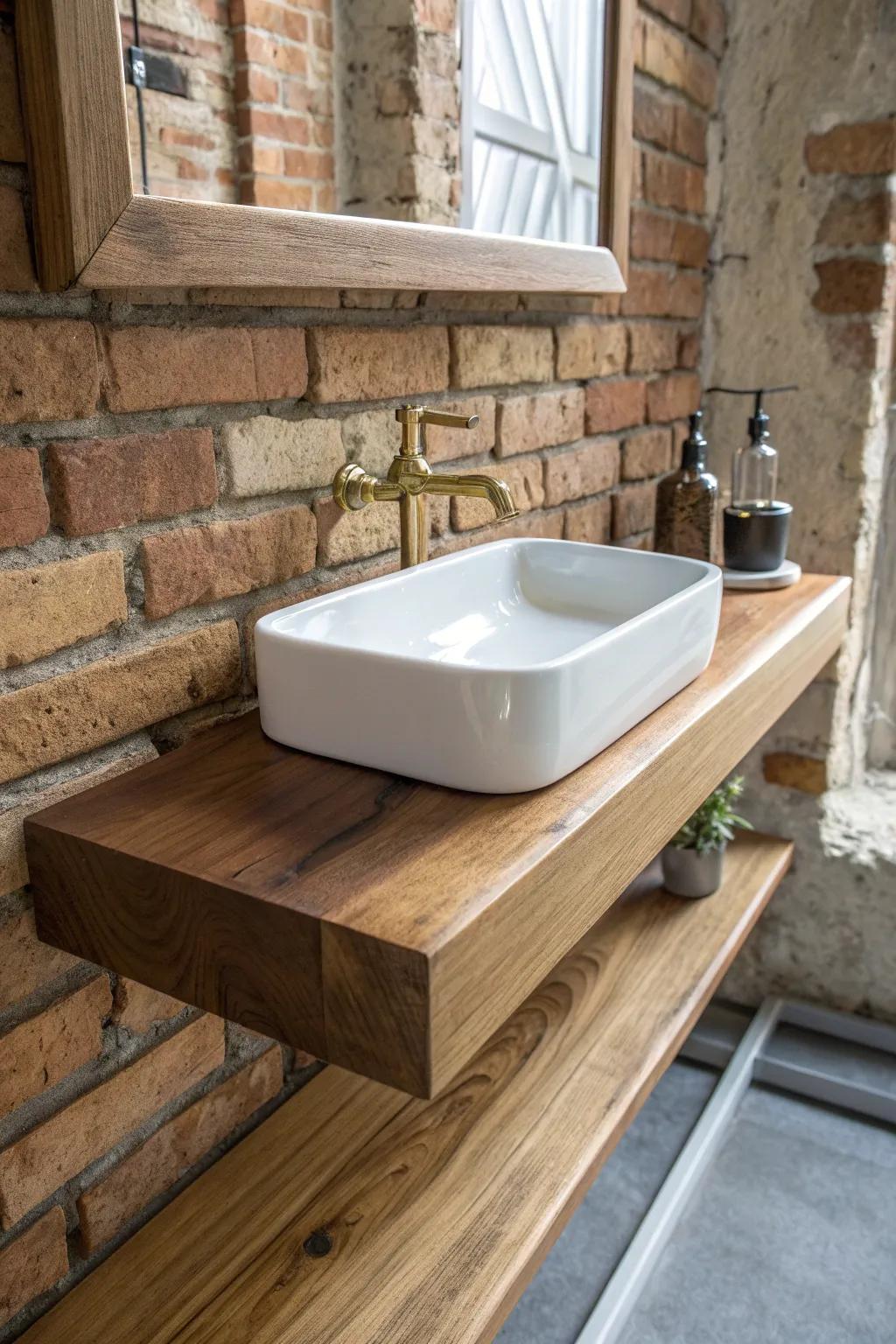 Elevate your area with this stunning wall-mounted ledge basin design—where minimalism aligns with artistry.