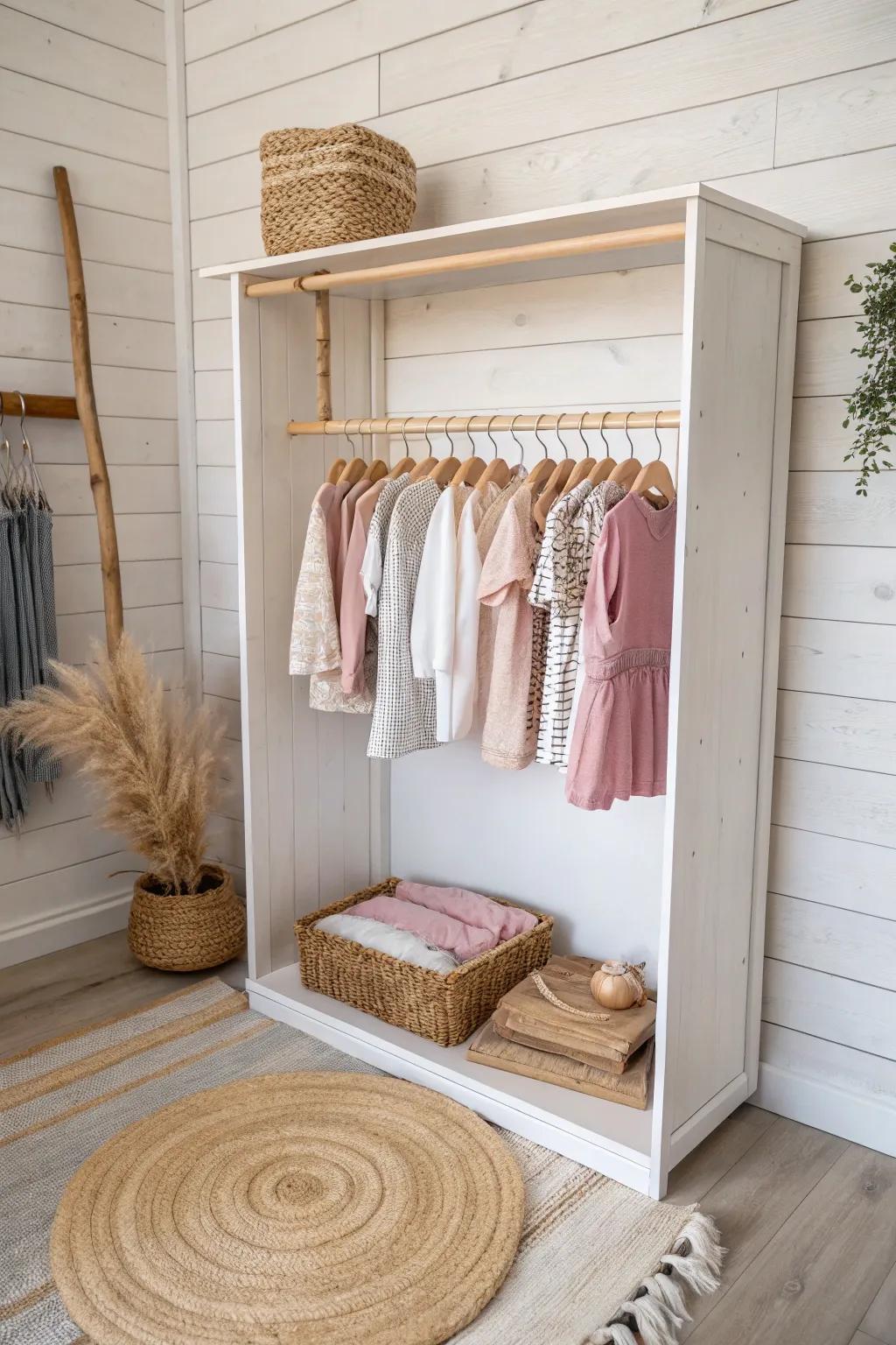 Maximize space with layered hanging rods for an effortlessly stylish baby closet.