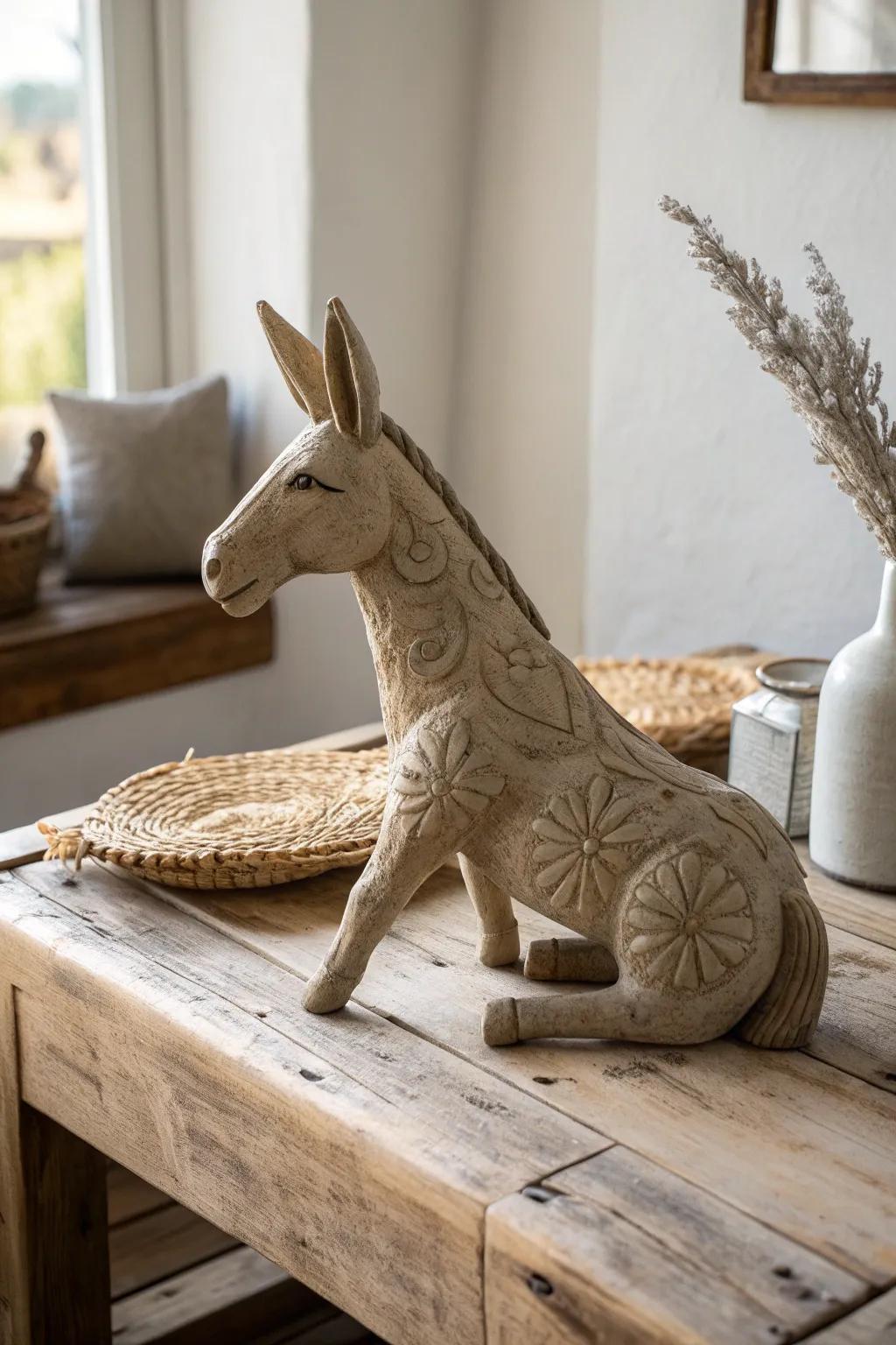 Embrace unpretentiousness with this captivating handmade clay donkey, a flawless amalgamation of minimalist refinement and modern allure.