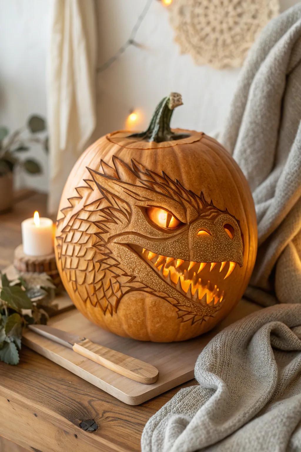 Enthralling Dragon: A pumpkin artistry masterpiece that brings mythical charm to life.