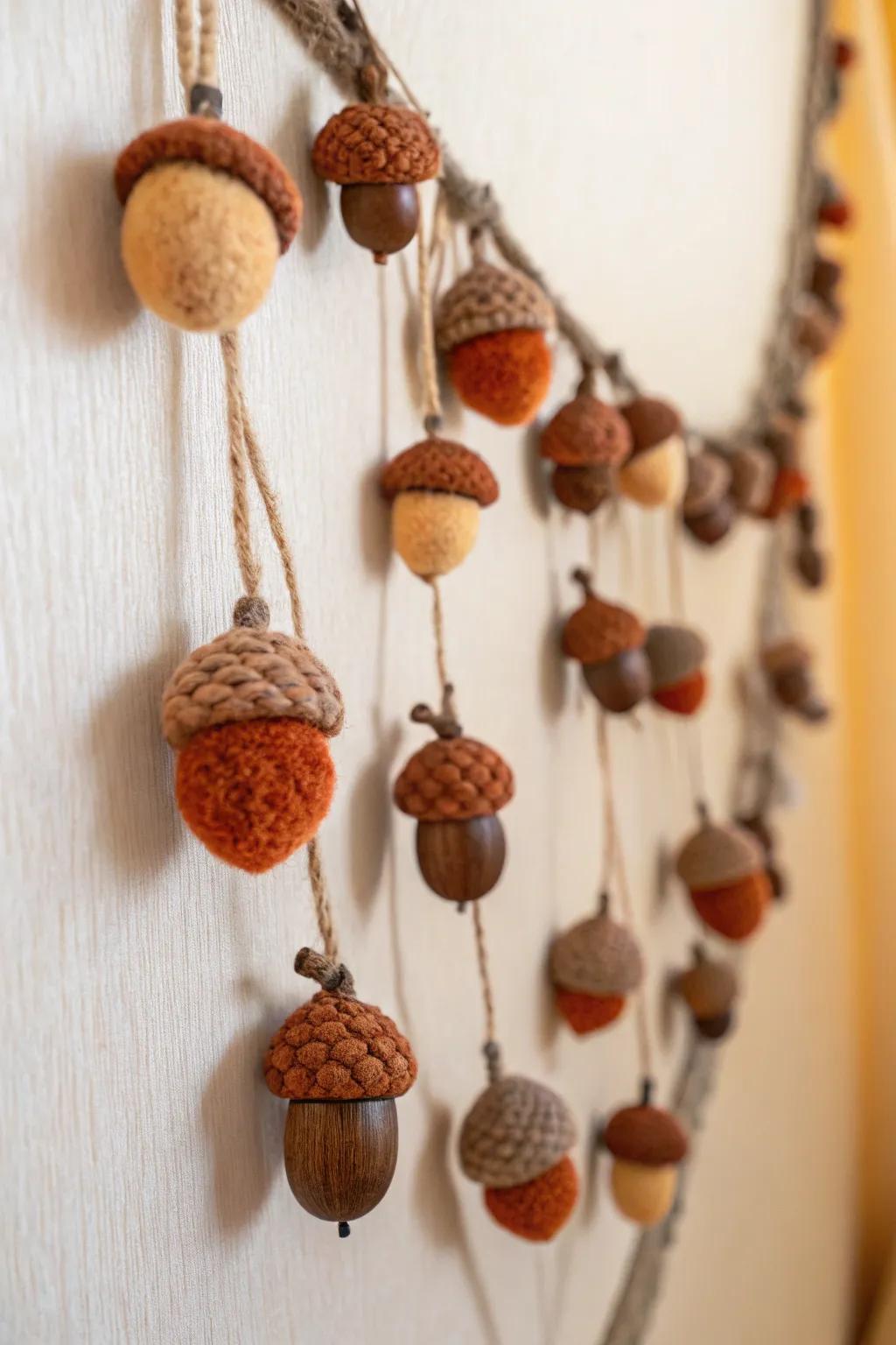 Bring the inviting allure of autumn indoors through an enchanting textile acorn bunting, ideally suited to contribute a natural element to your minimalist decor.