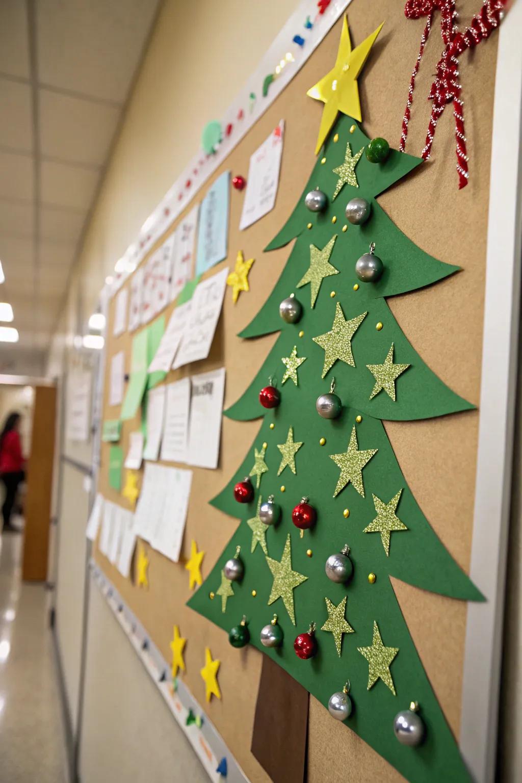 A paper-crafted Yule tree stands proudly on the pinboard.