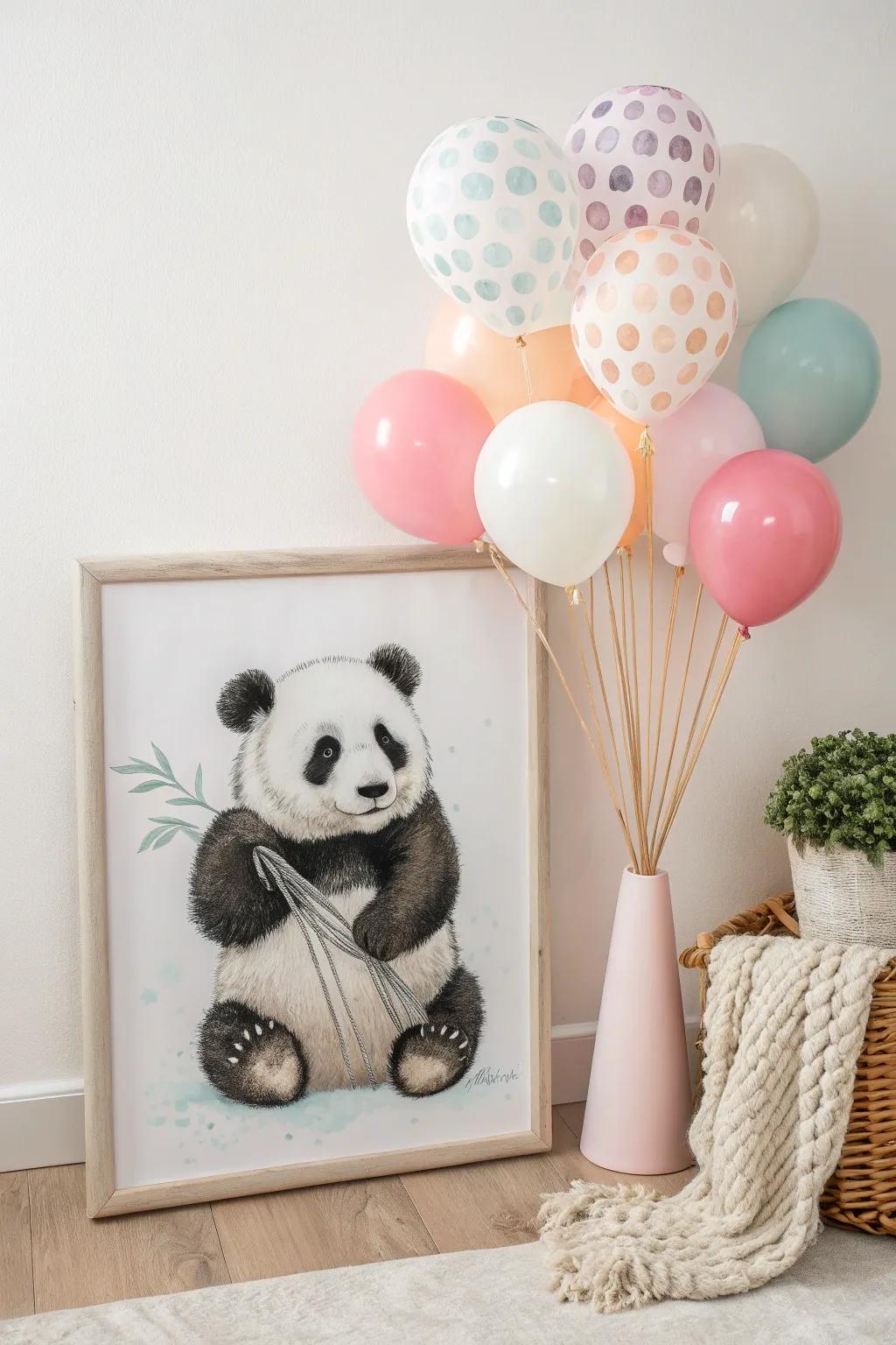 Whimsical appeal: A lively panda using pastel floating spheres, prepared to take flight!