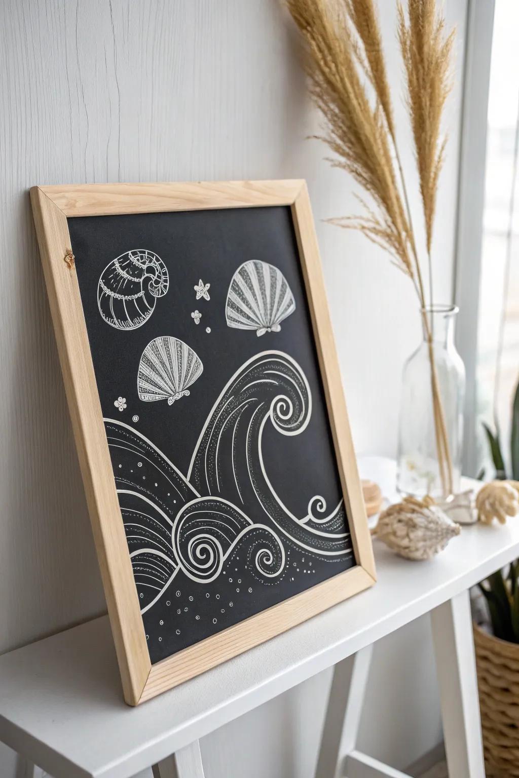Convey coastal vibes home with simple sophistication: Waves and seashells in chalk artistry.