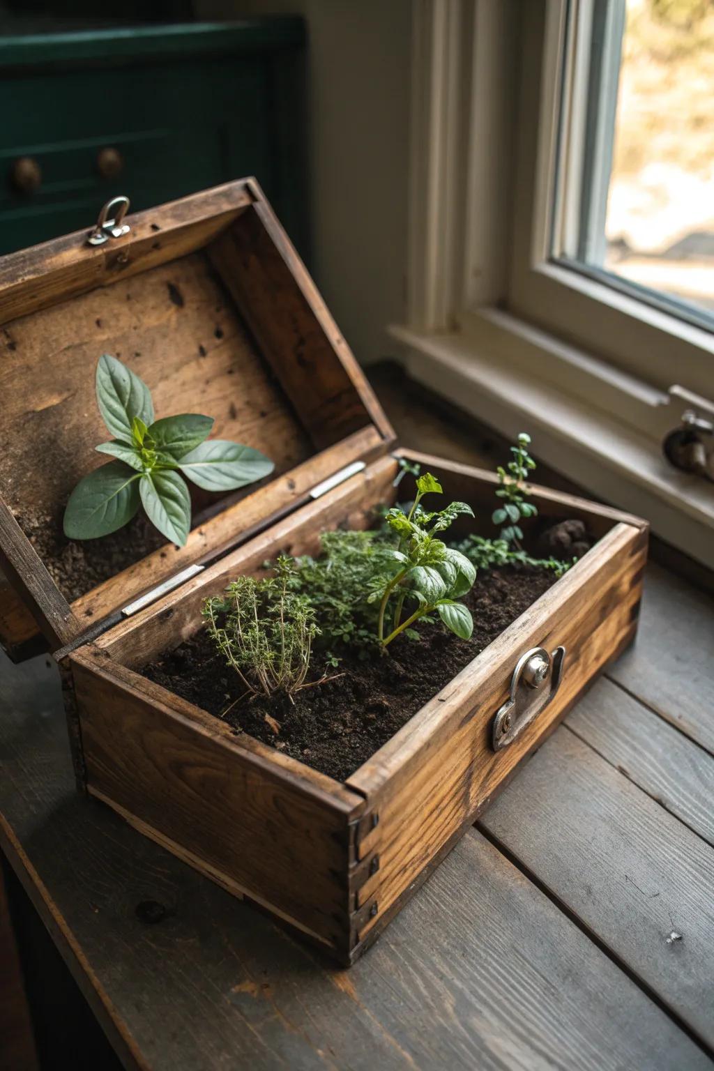 Transform a classic wooden container into a flourishing compact herb oasis—a graceful verdant enhancement for your culinary space.