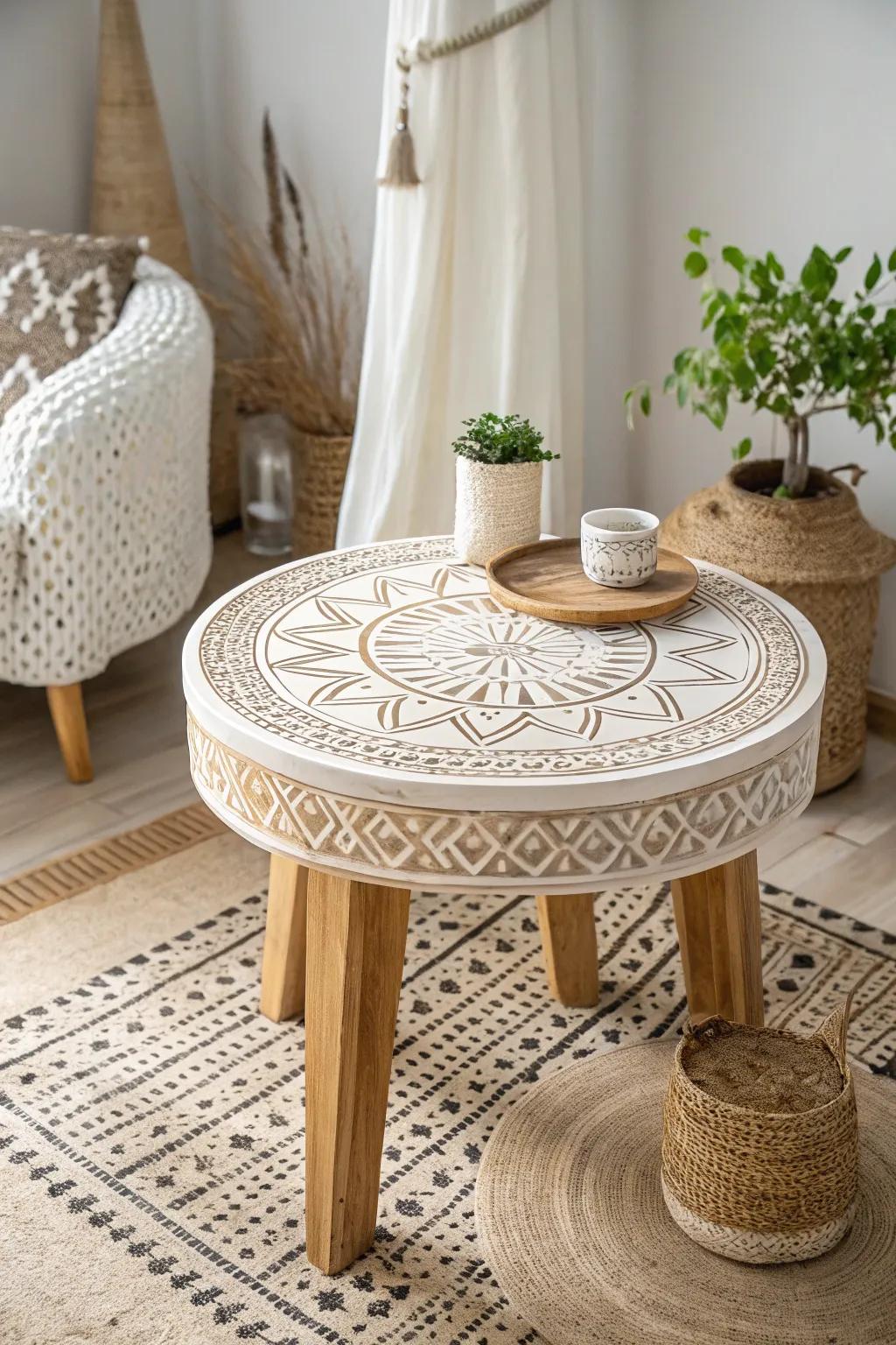 Turn your end table into a captivating showpiece with stunning stencil artistry!
