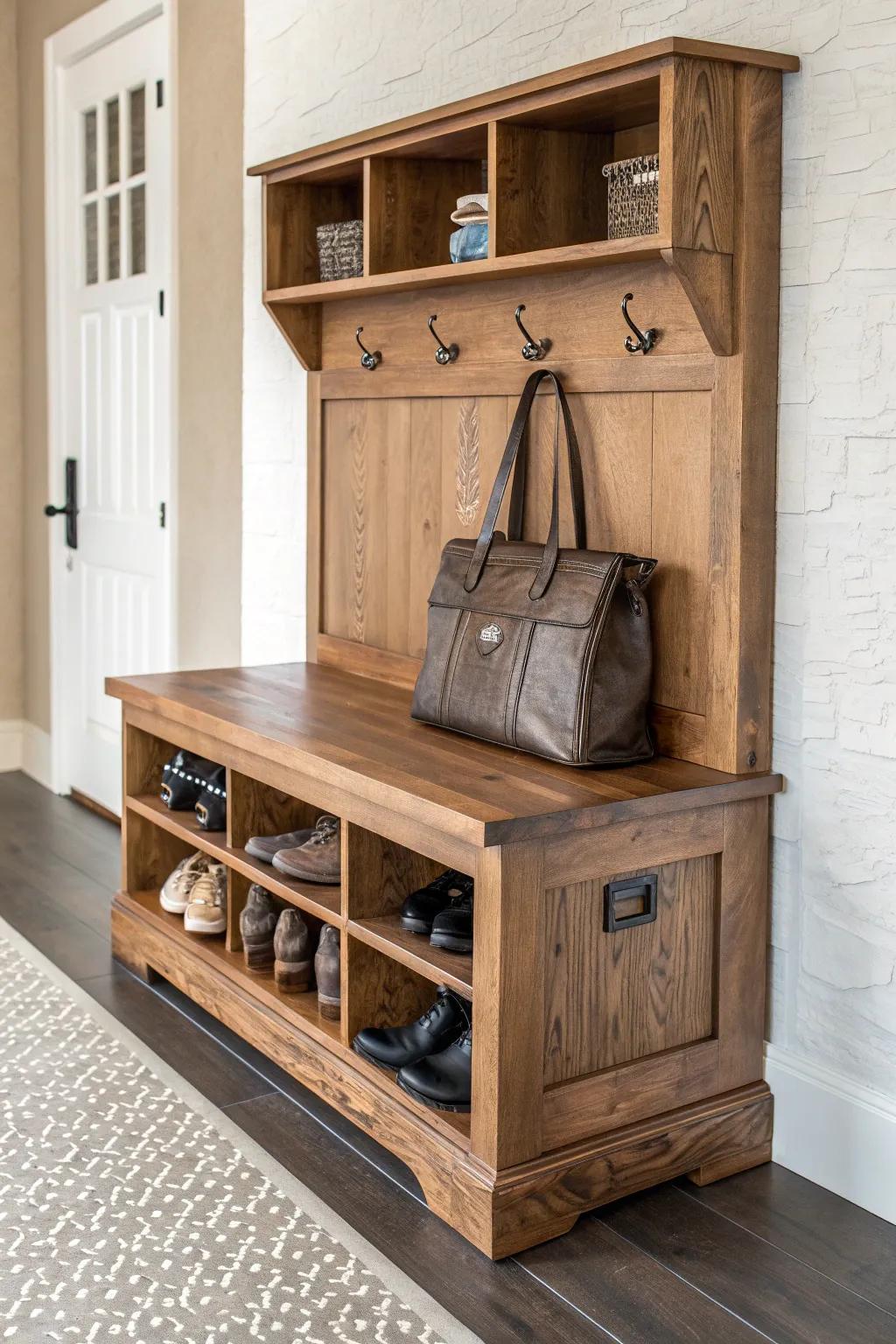 Add a touch of homespun charm and order to your entryway with this handcrafted farmhouse bench.