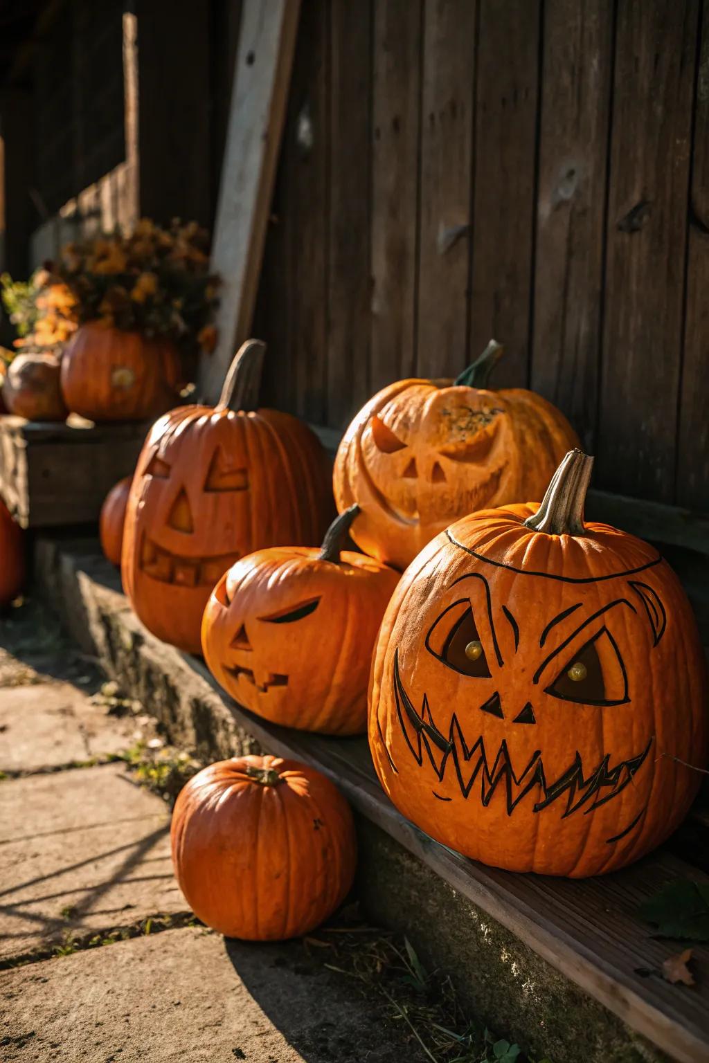 A spirited congregation of expressive pumpkins, exemplifying the craft of flat sculpting employing masterful skill.