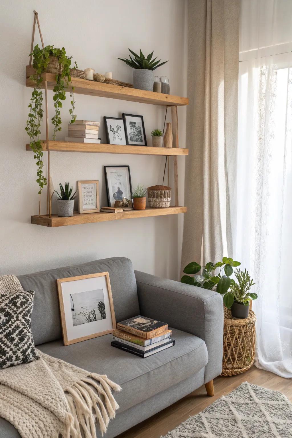 Elevate your living space with the refinement of aerial racks, fostering an impeccably harmonious, inviting atmosphere.