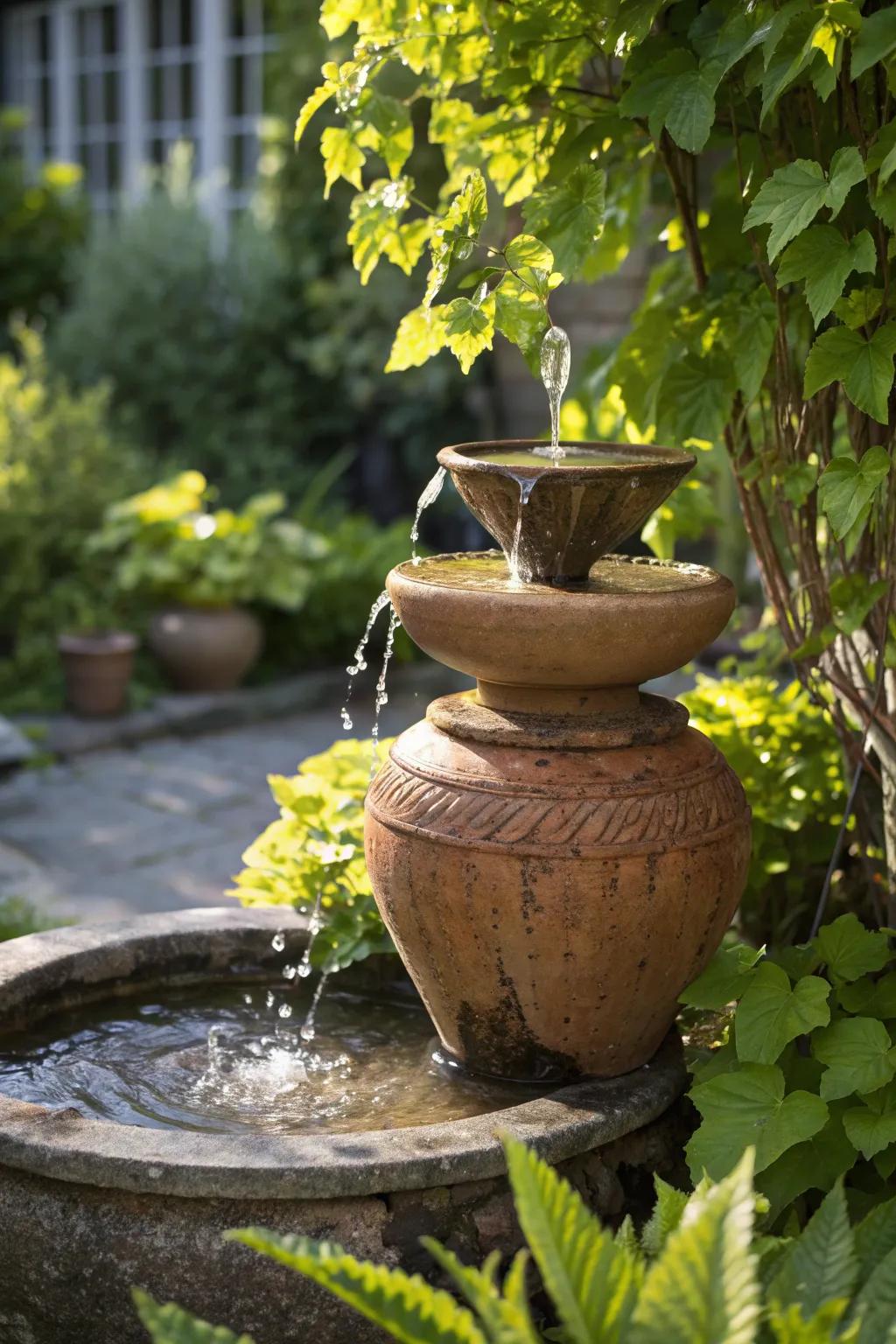 Transform your garden into a rustic oasis with a captivating flower pot fountain, where nature and calm converge.