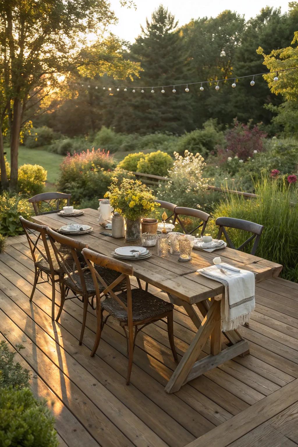 Redesign your deck into a delightful al fresco dining locale, imbued with country-style refinement and artisanal spirit.