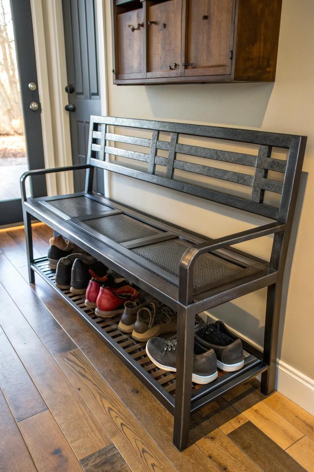 Enhance your entryway with a handcrafted metal bench that marries style and function.