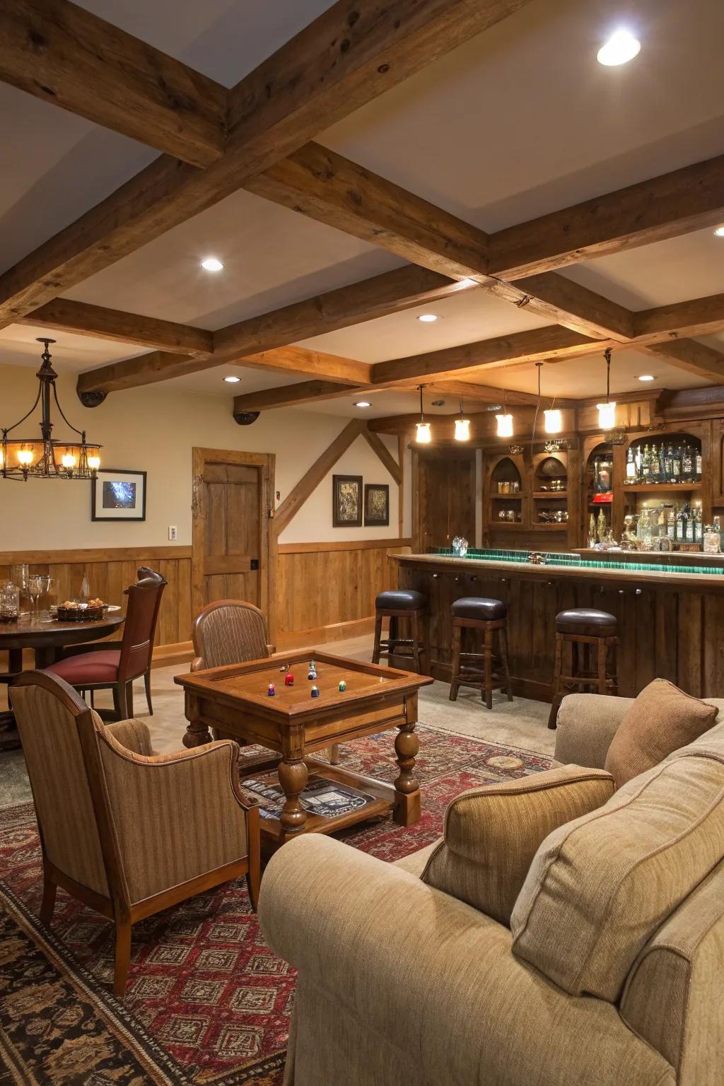 A natural wood bar radiates warmth and allure in any game room.