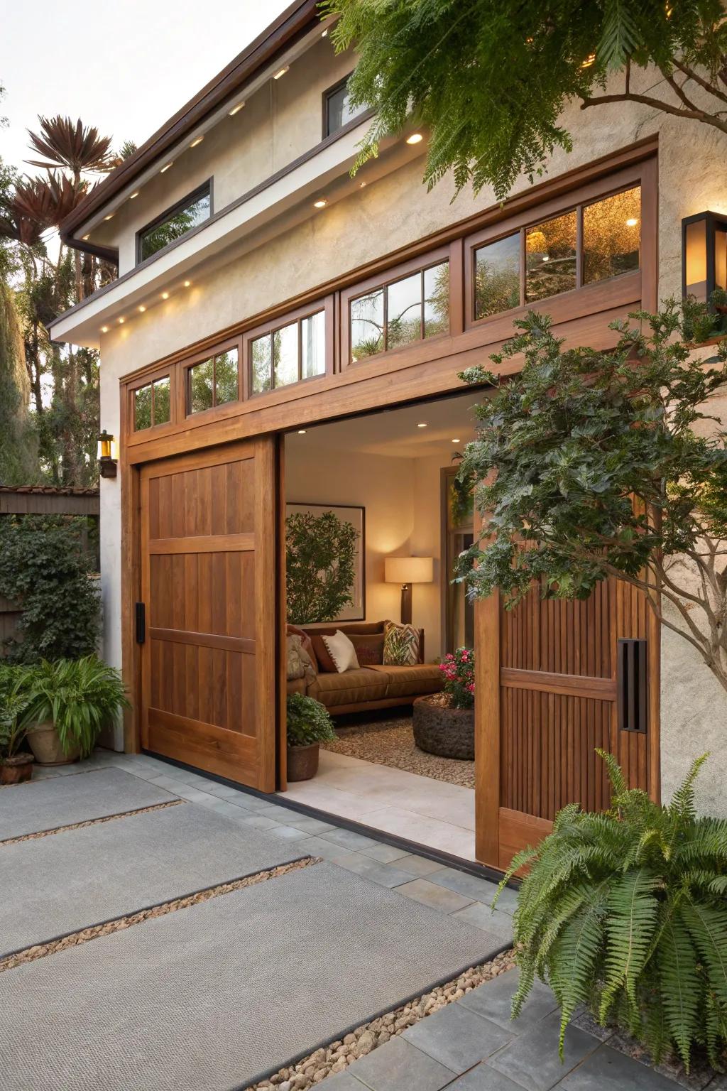 Transform your garage into a tranquil indoor-outdoor retreat with artistry and nature.