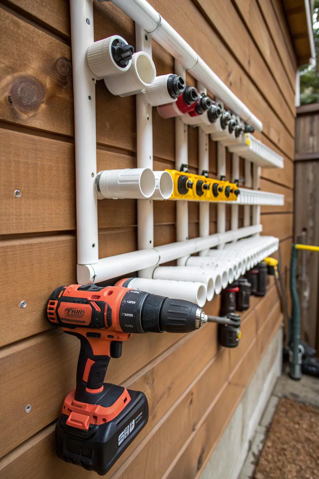 Enhance your garage's organization with this refined polyvinyl chloride conduit power drill station—a synergy of functionality and masterful craftsmanship.