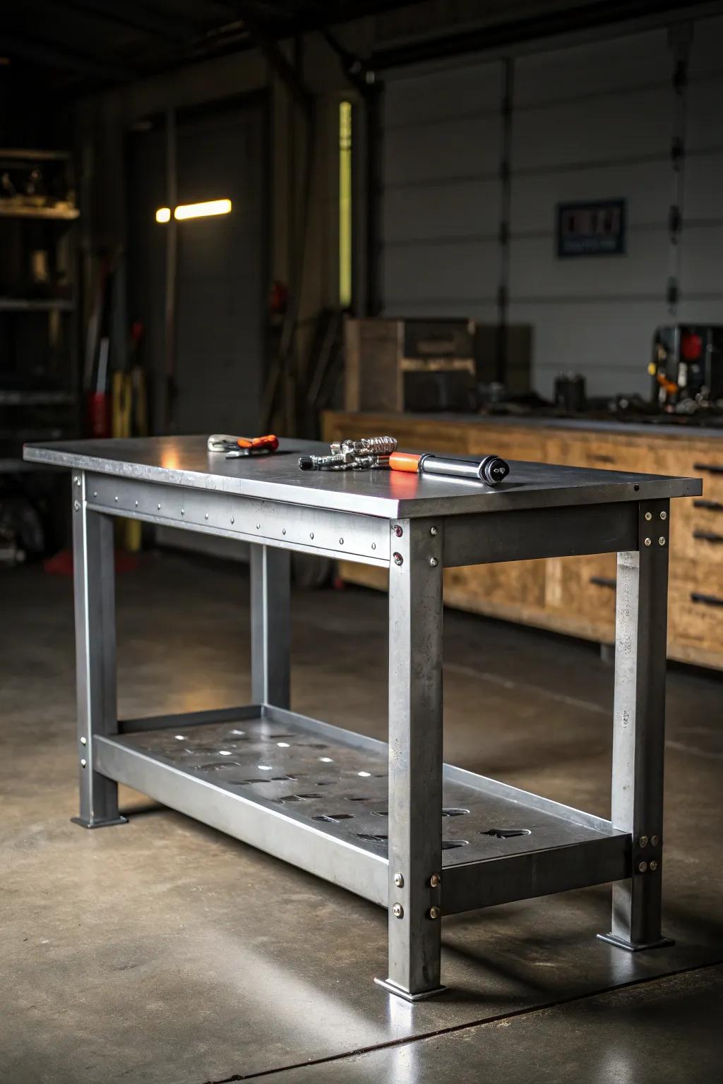 Revamp your workspace with an industrial metal workbench that unifies aesthetics and robustness.