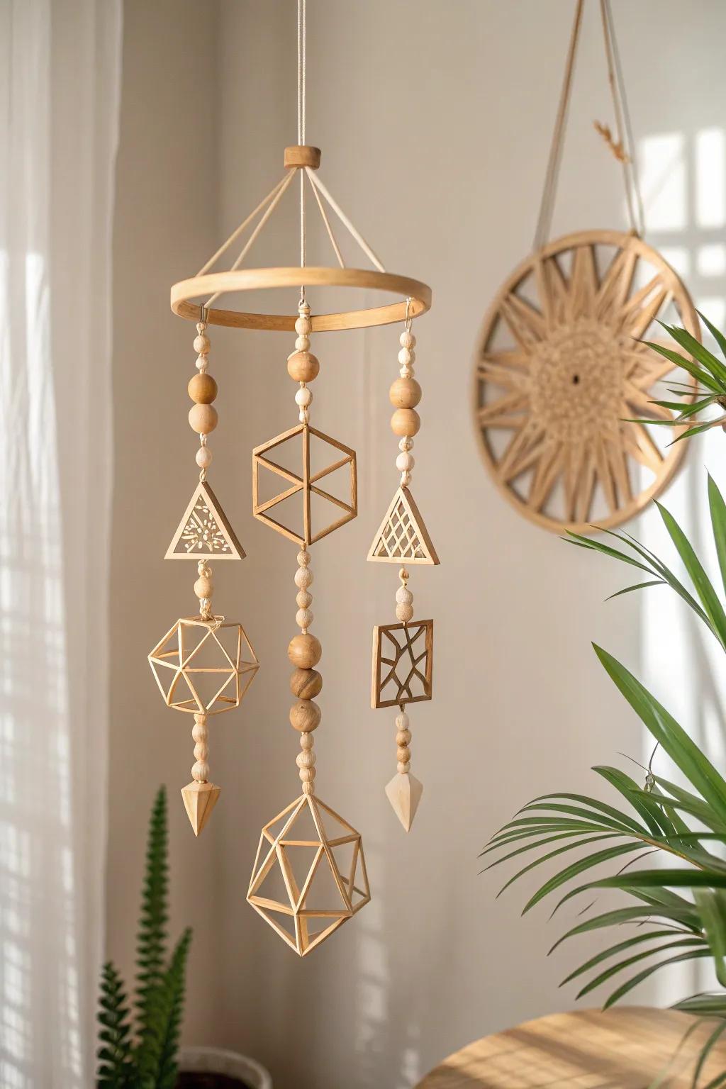 Add a touch of whimsy with this handcrafted wooden geometric mobile, perfect for those who love minimalist elegance.