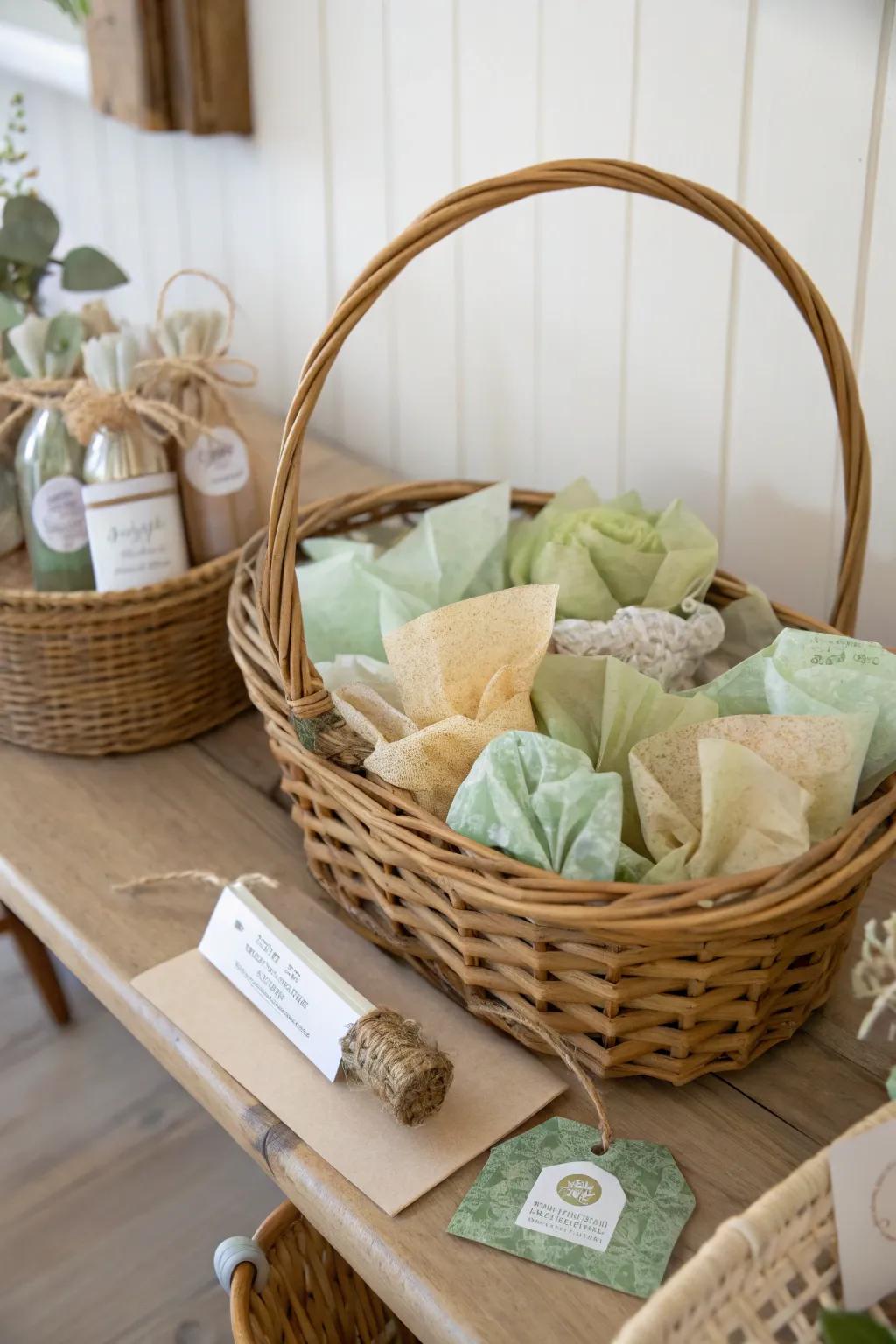 Eco-elegant: Gift baskets enveloped in repurposed paper adornments for a hint of sustainable sophistication.