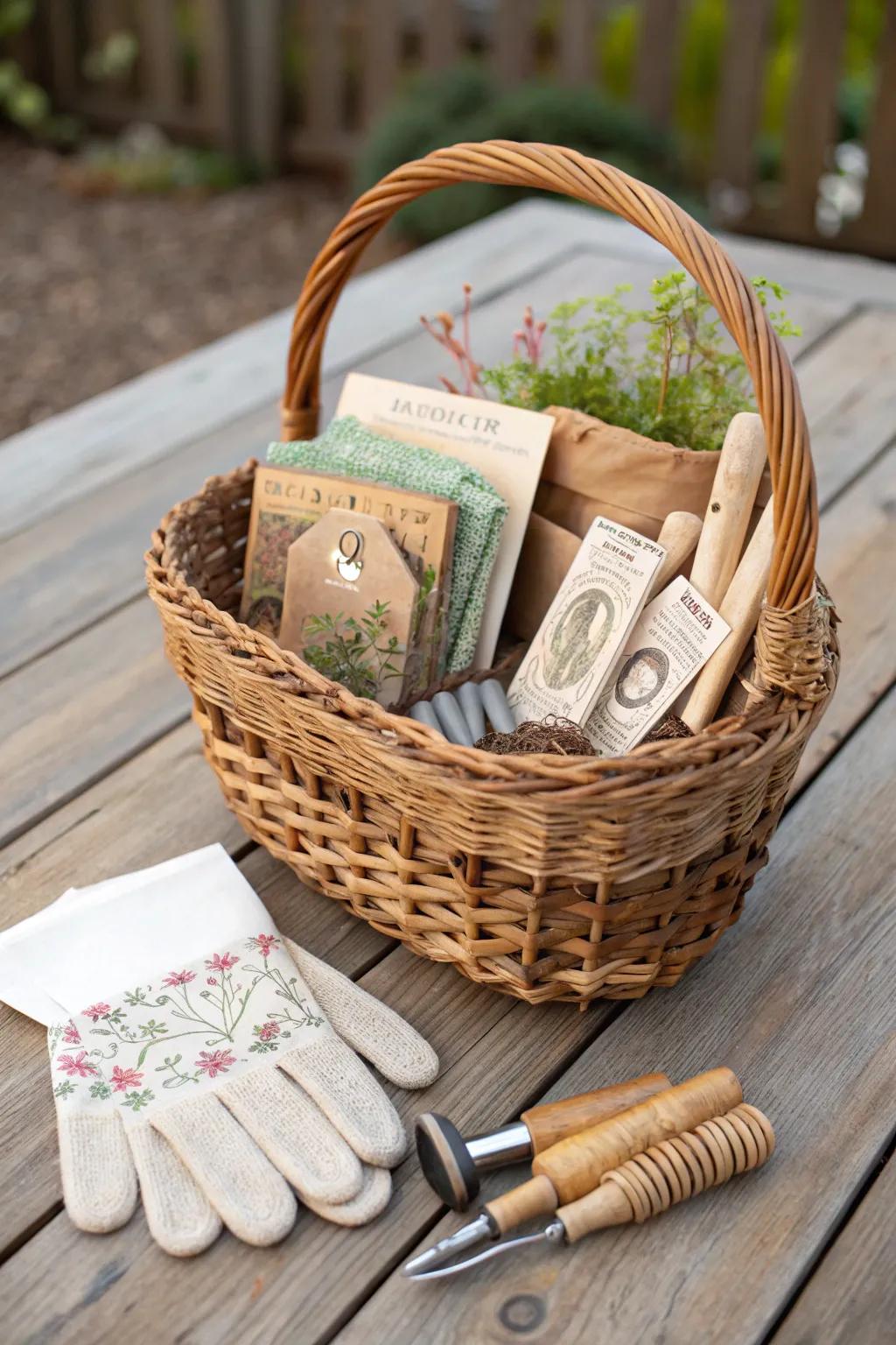 To the nature enthusiast, a thoughtfully chosen basket of natural necessities, blending ease with style.
