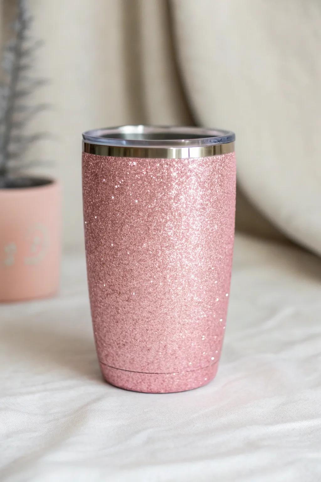 Savor each sip with this bewitching rose glimmer tumbler—a perfect mix of sparkle and ease.