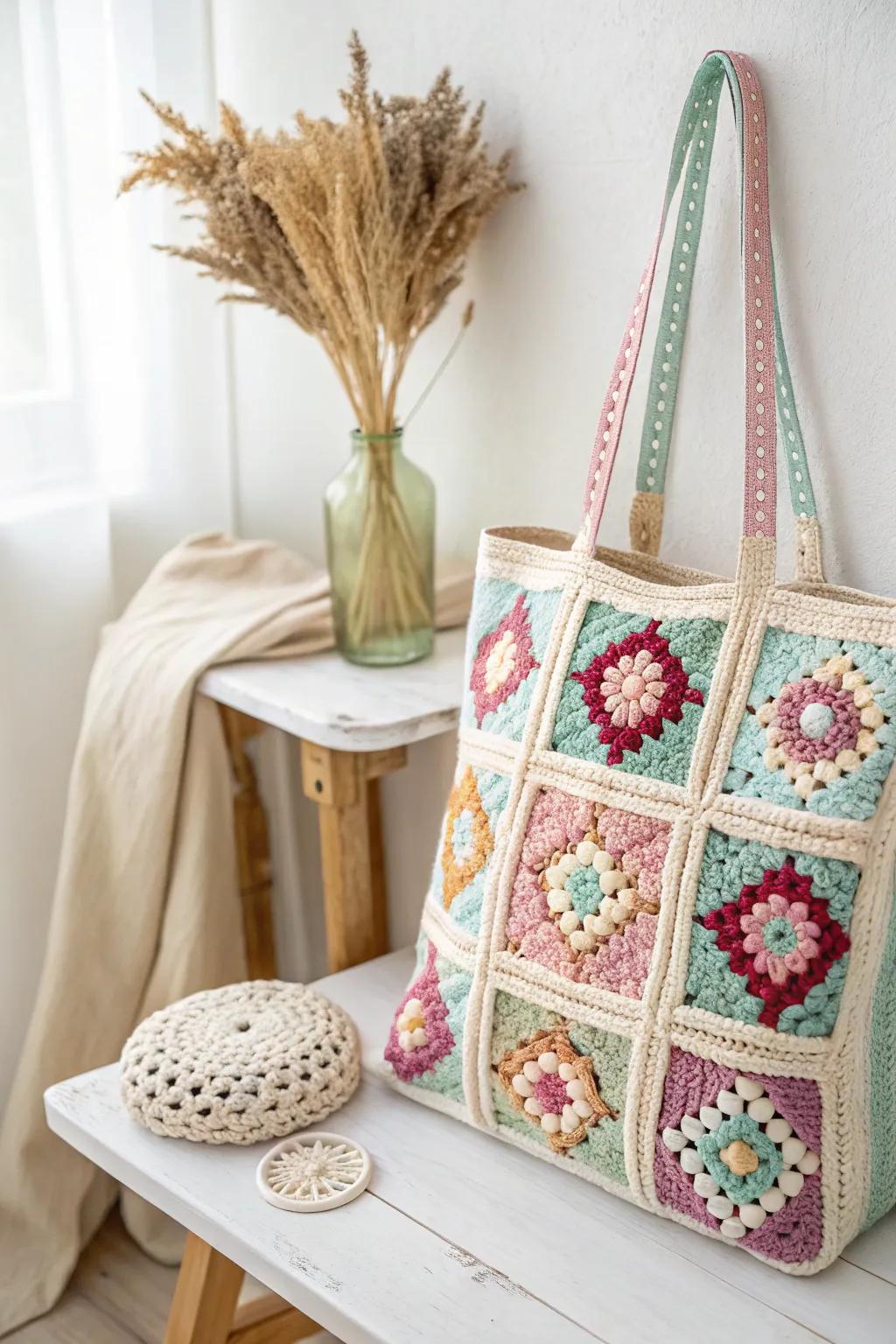 Chic and vibrant: This handcrafted granny square carryall will become your essential item for effortless style and functionality.