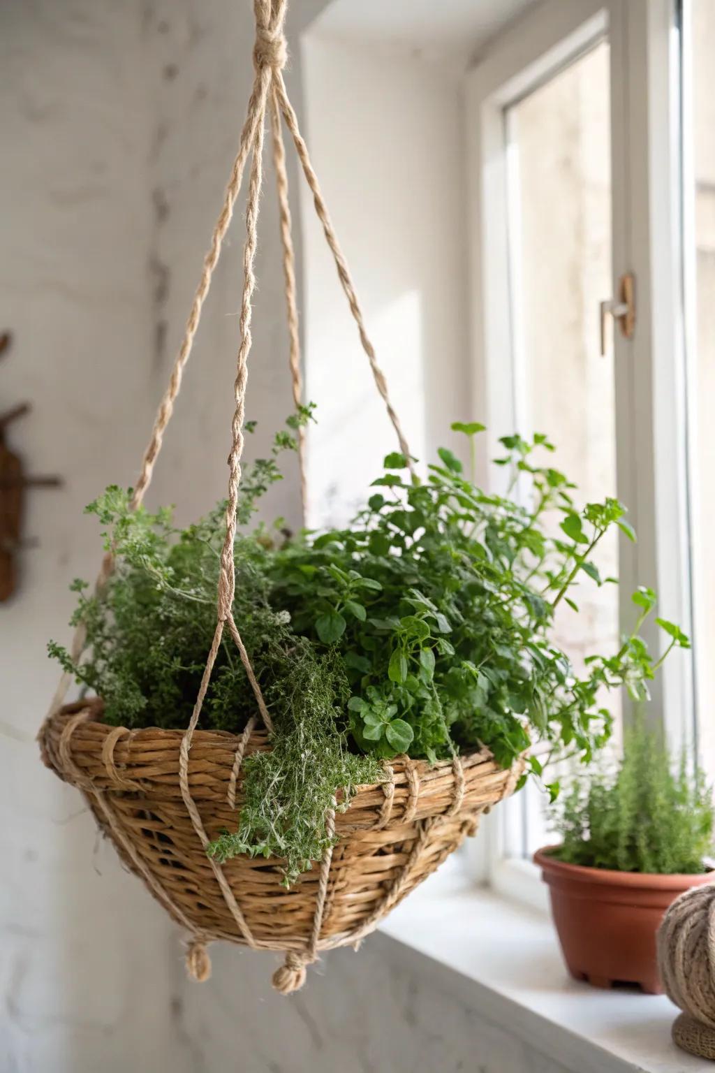 Enhance your internal garden with whimsical suspended herb baskets that combine simplicity and natural allure.