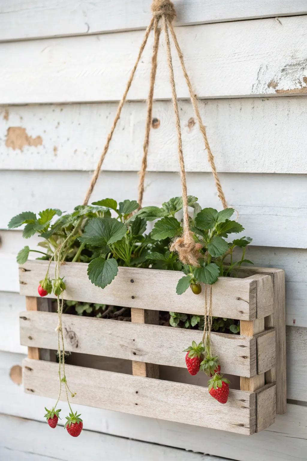 Embrace both simplicity and panache with a repurposed wooden pallet transformed into an enchanting hanging strawberry planter. 🍓🌿 #EcoFriendlyDecor #ScandiBoho