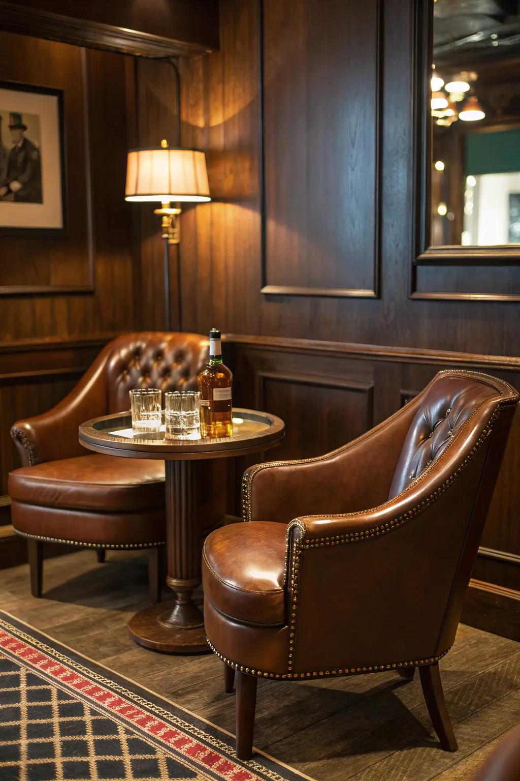 Leather chairs contribute comfort and opulence to your whiskey bar.