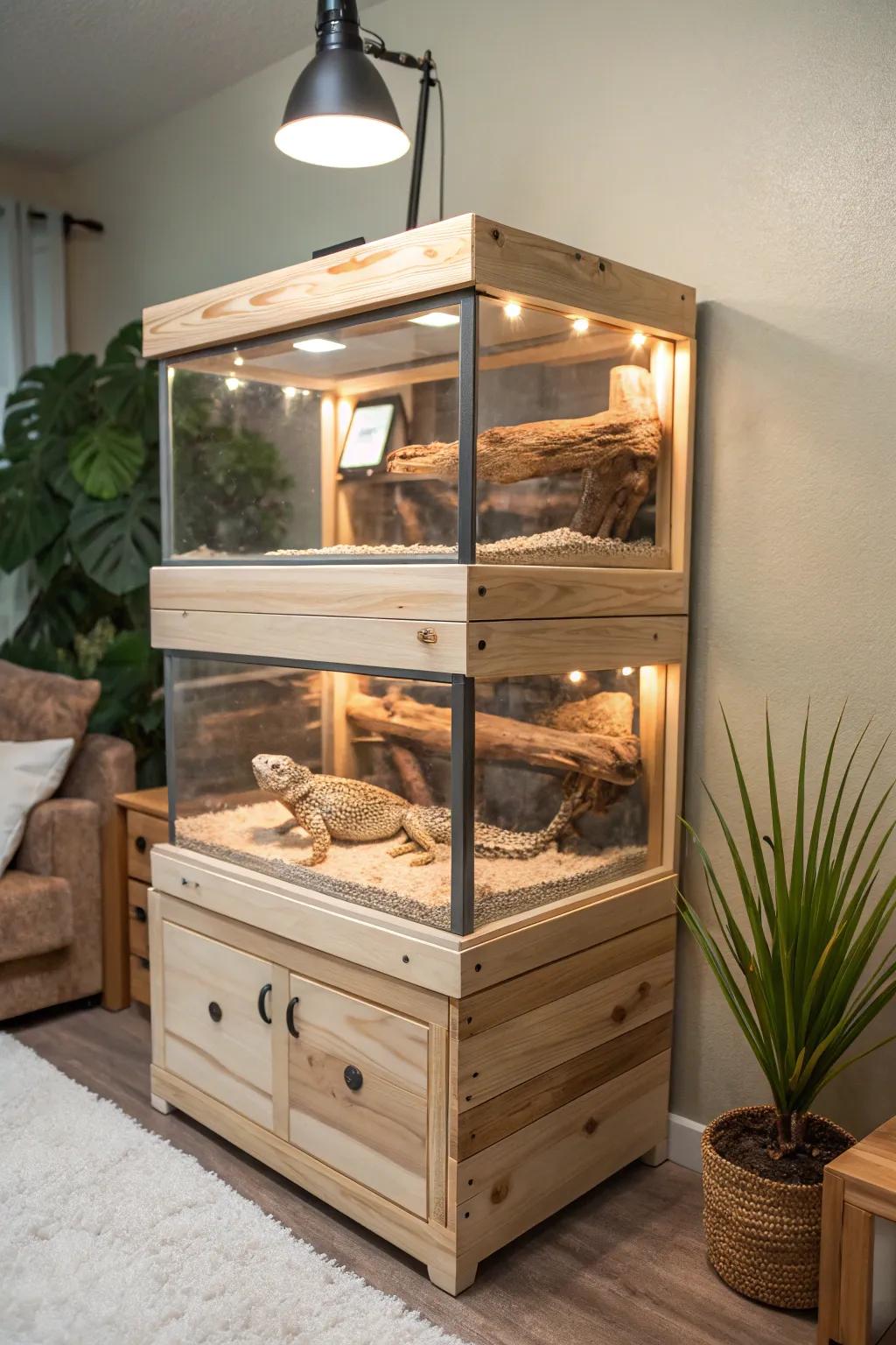 Enhance your bearded dragon’s dwelling with this refined, tiered DIY tank, ideal for sunning and exploring natural beauty.