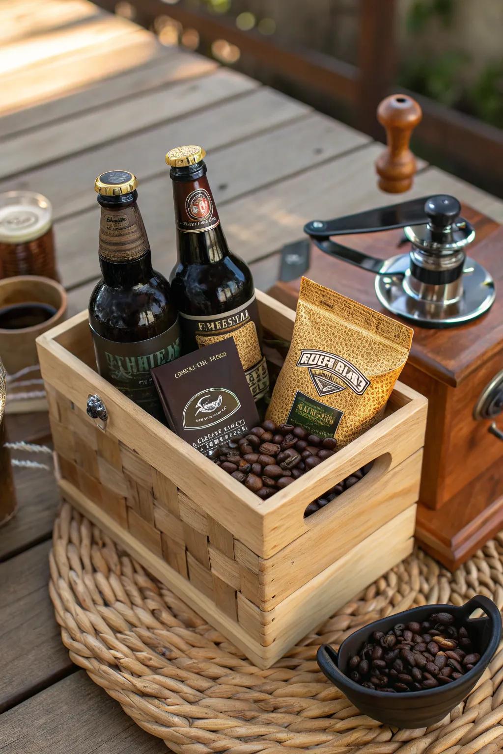 Celebrate Father's Day with the quintessential beverage: a thoughtfully arranged basket filled with dad's cherished coffee and beer indulgences.