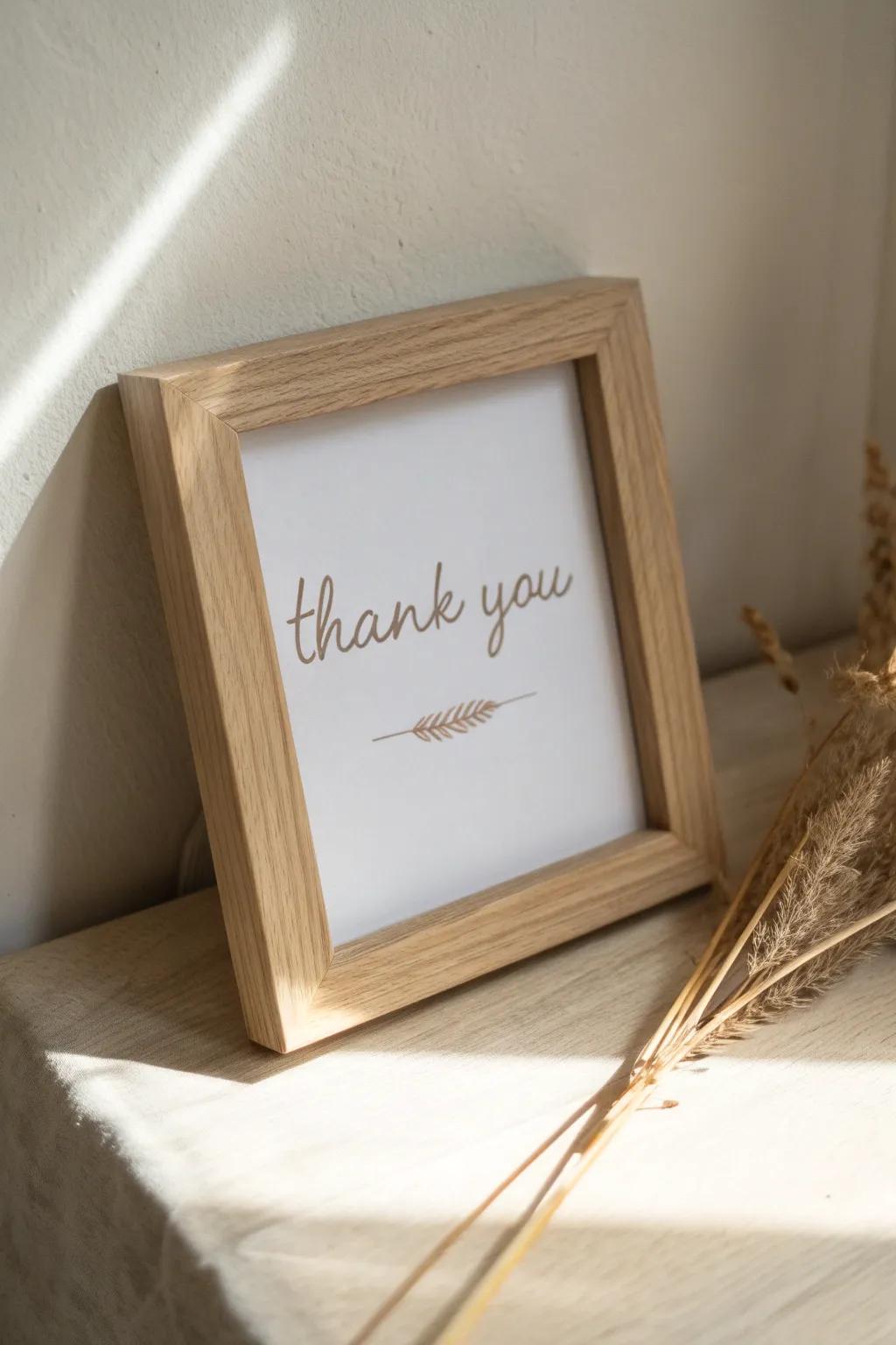 Understated elegance encounters heartfelt gratitude via this encased appreciation saying.